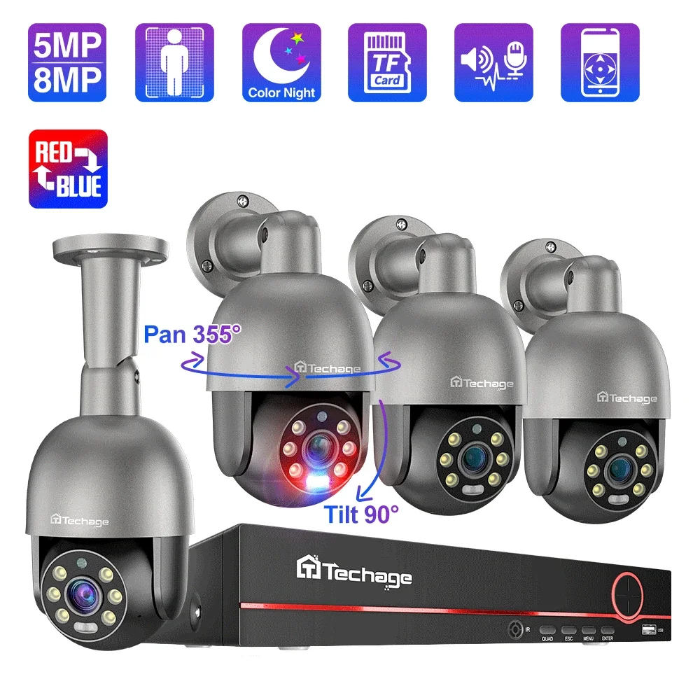 Techage 8CH 4K 5MP 8MP PTZ Security POE IP Camera System Outdoor AI Human Detection Two Way Audio Video Surveillance Camera Kit