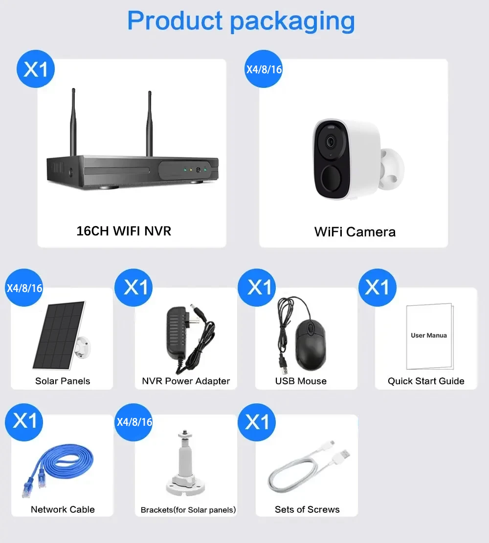 16CH NVR 5MP Wireless Solar Camera System Kit Outdoor WiFi Solar Security Camera Set Two-Way Talk PIR Detection EseeCloud IP Pro