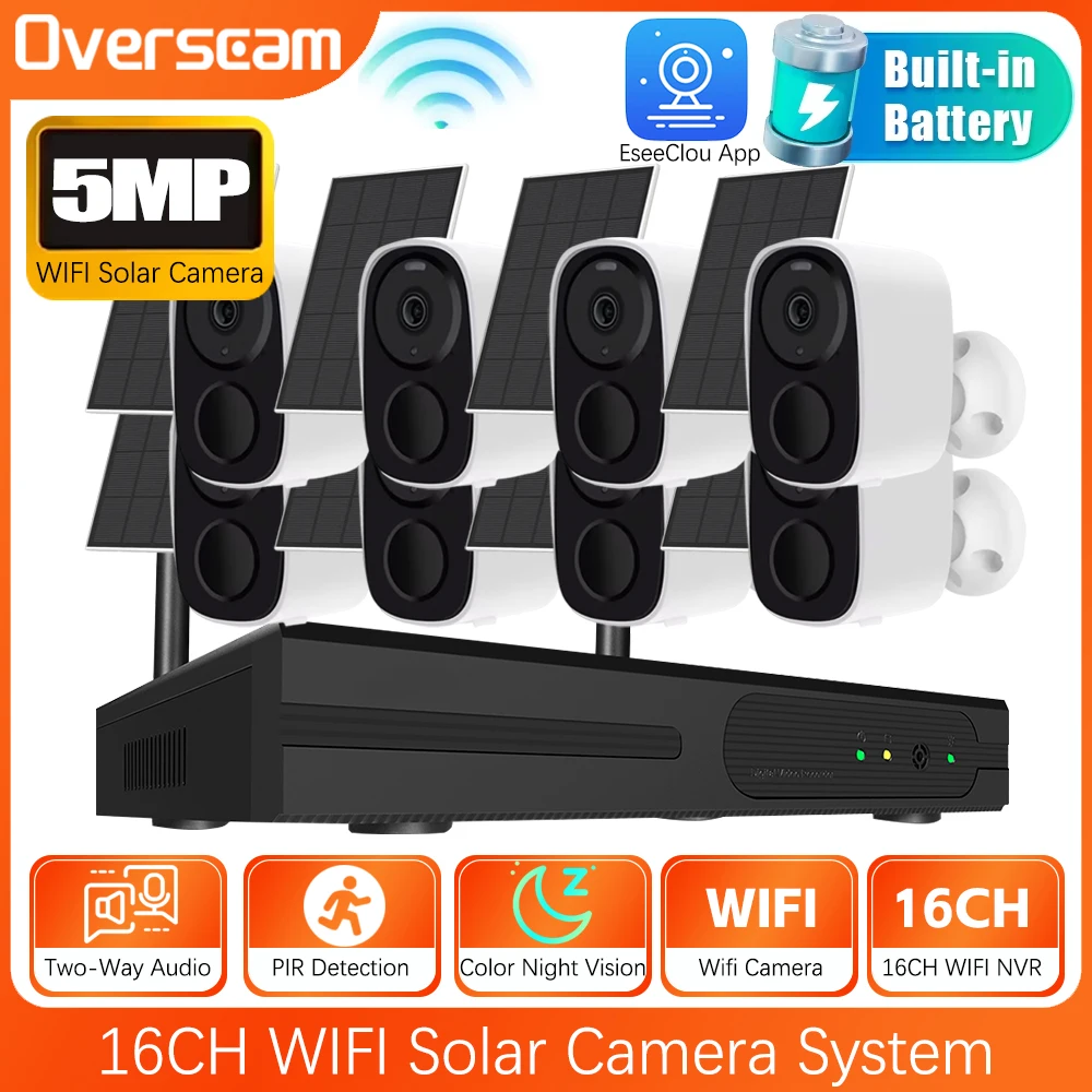 16CH NVR 5MP Wireless Solar Camera System Kit Outdoor WiFi Solar Security Camera Set Two-Way Talk PIR Detection EseeCloud IP Pro