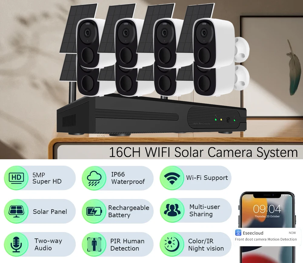 16CH NVR 5MP Wireless Solar Camera System Kit Outdoor WiFi Solar Security Camera Set Two-Way Talk PIR Detection EseeCloud IP Pro