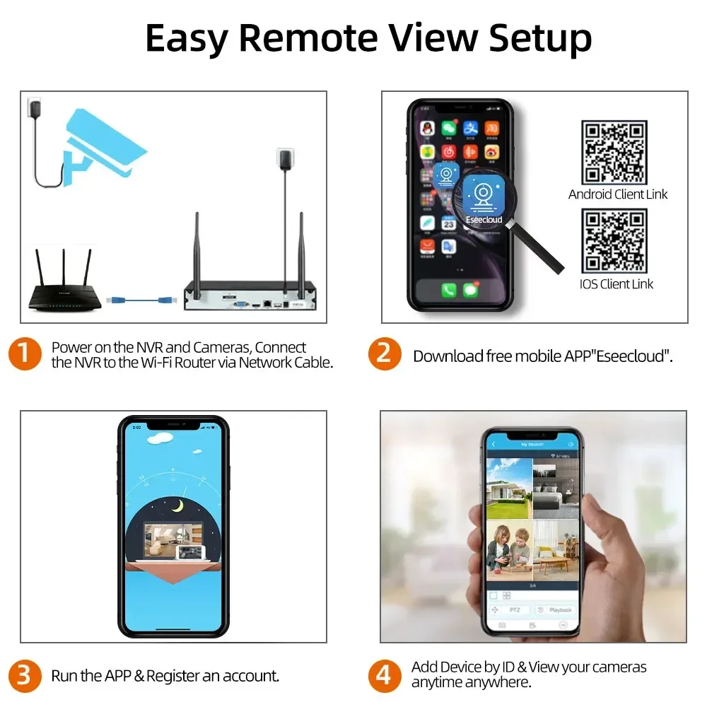 16CH NVR 5MP Wireless Solar Camera System Kit Outdoor WiFi Solar Security Camera Set Two-Way Talk PIR Detection EseeCloud IP Pro