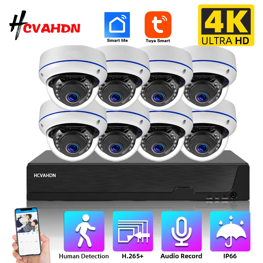 Tuya 8MP POE Network Surveillance Camera System Kit 4K 8CH NVR Kit Outdoor Waterproof Audio CCTV IP Dome Security Camera System