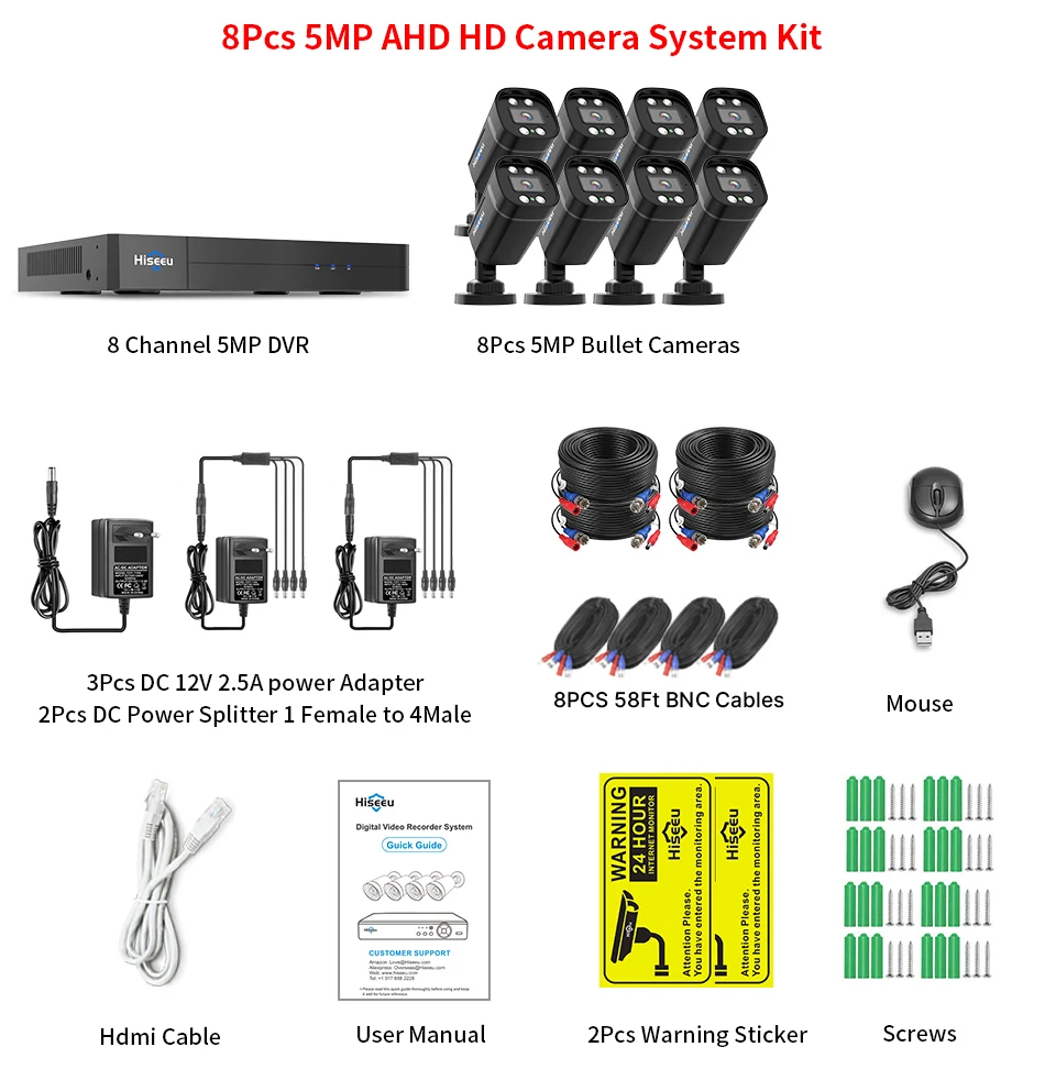 Hiseeu 8CH AHD Camera Security System Kits 5MP Home Surveillance Cameras DVR Set Face Detect Night Vision Guard Live APP