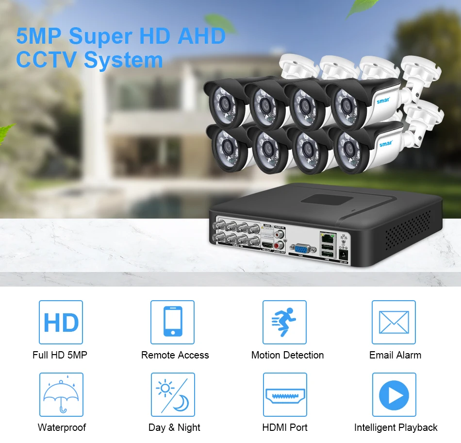 Smar 5MP Security Camera System Witth 18M Wired Cable Video Surveillance Kit Indoor Outdoor Waterproof CCTV Camera 5 in 1 DVR