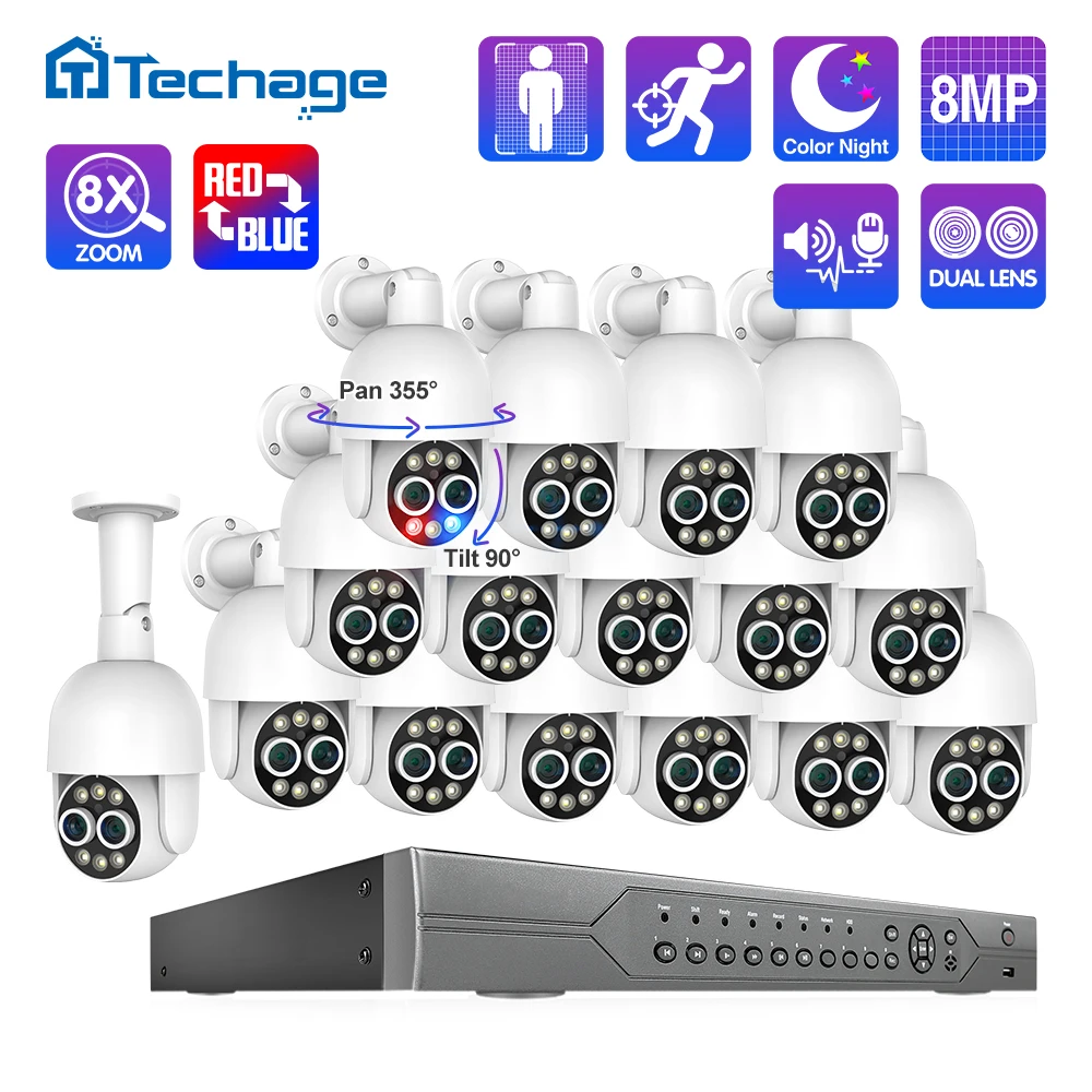 Techage 16CH 8MP Dual Lens PTZ POE Camera System 8X Mix Zoom Human Detected Auto Track Two-way Audio CCTV Video Surveillance Set