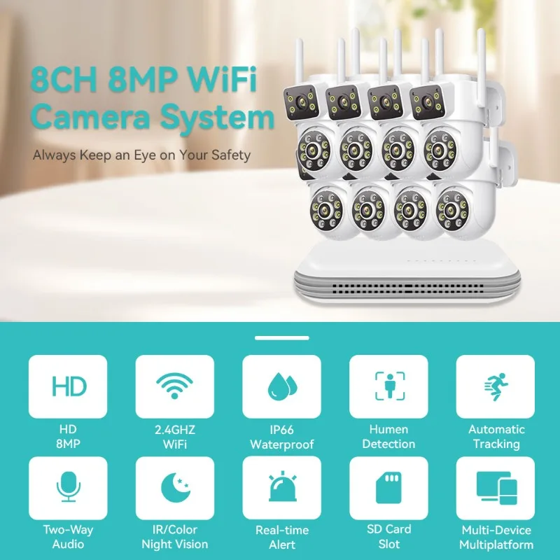 8MP CCTV System WiFi NVR Kit Security Tow Way Audio IP Cameras Wireless Dual Lens 8CH Video Surveillance Set iCSee XMeye
