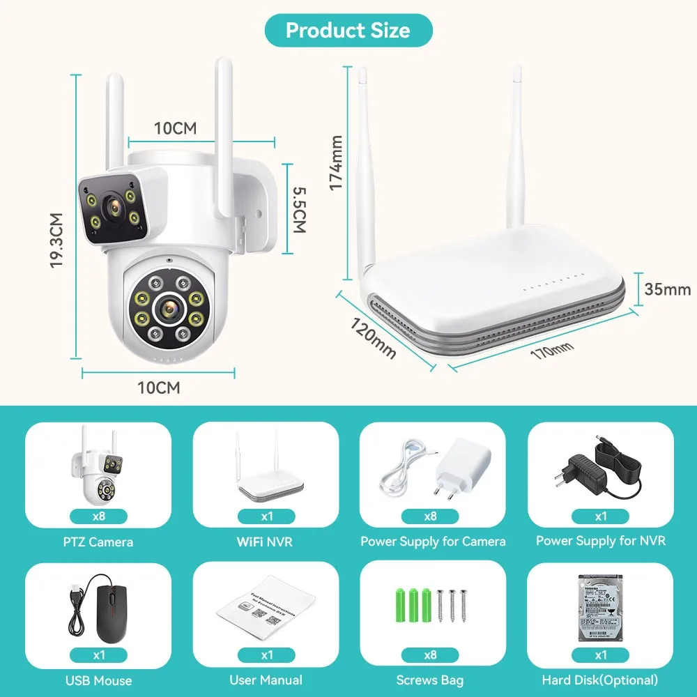 8MP CCTV System WiFi NVR Kit Security Tow Way Audio IP Cameras Wireless Dual Lens 8CH Video Surveillance Set iCSee XMeye