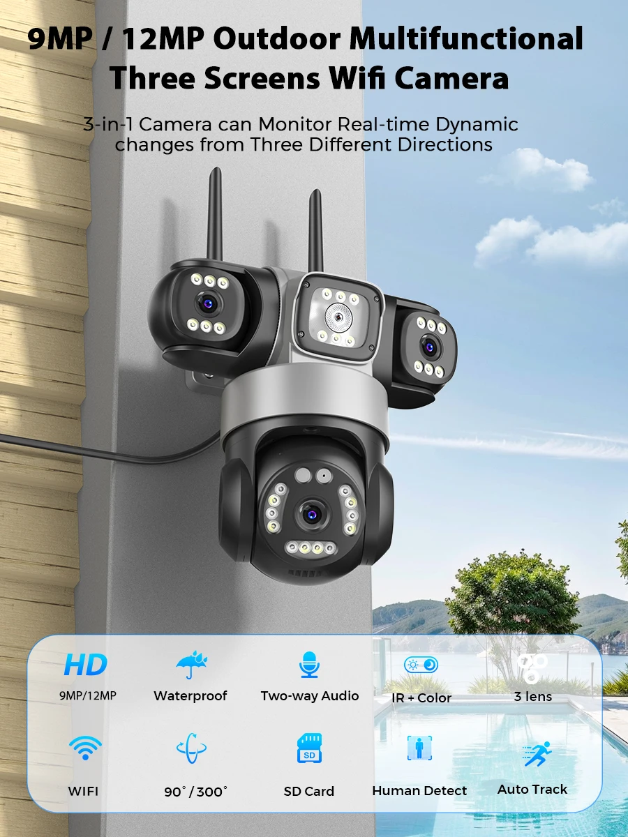12MP Outdoors Wifi Camera 6K HD Triple Lens Triple Screens PTZ IP Security Camera Human Auto Tracking Waterproof CCTV Cam ICSEE