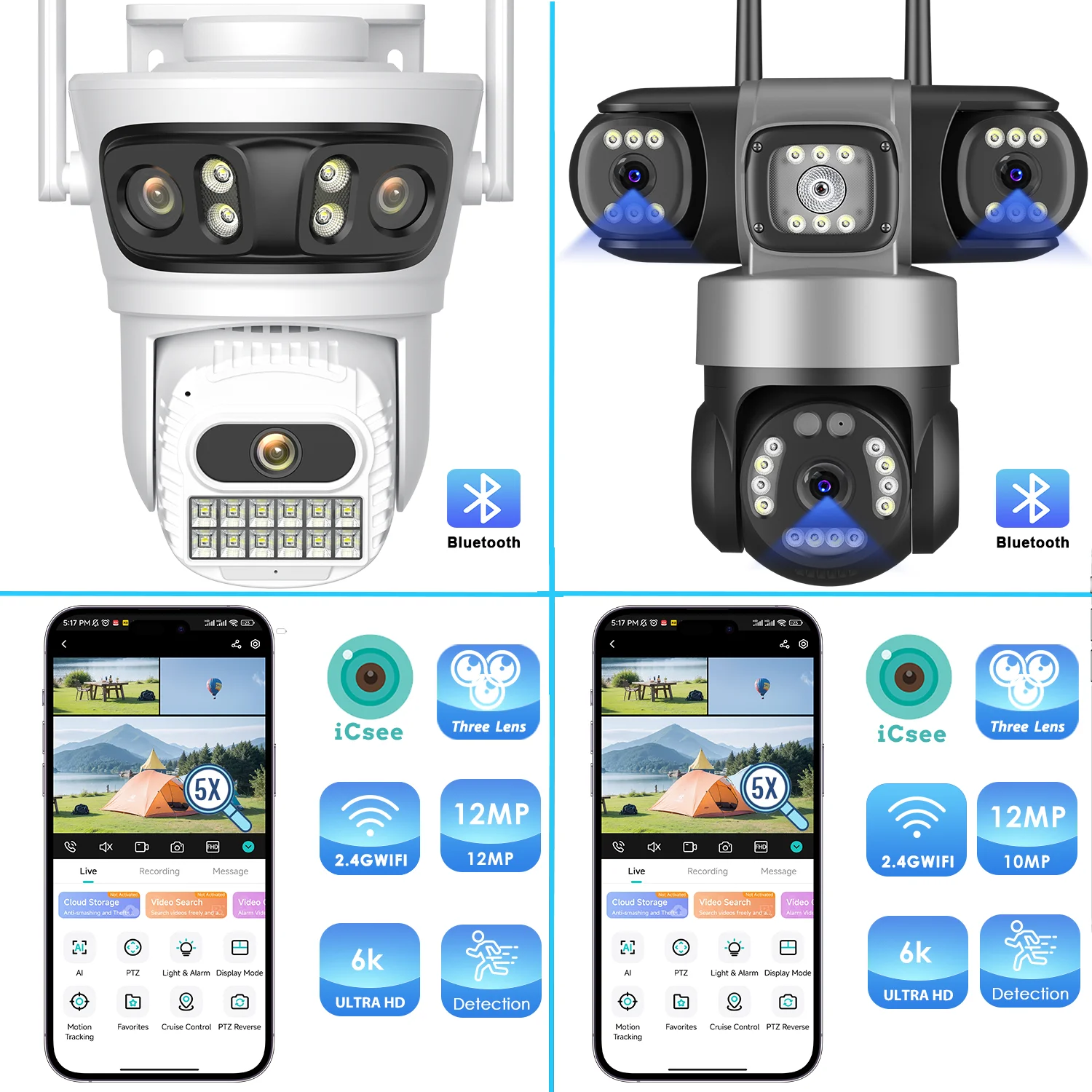 12MP Outdoors Wifi Camera 6K HD Triple Lens Triple Screens PTZ IP Security Camera Human Auto Tracking Waterproof CCTV Cam ICSEE