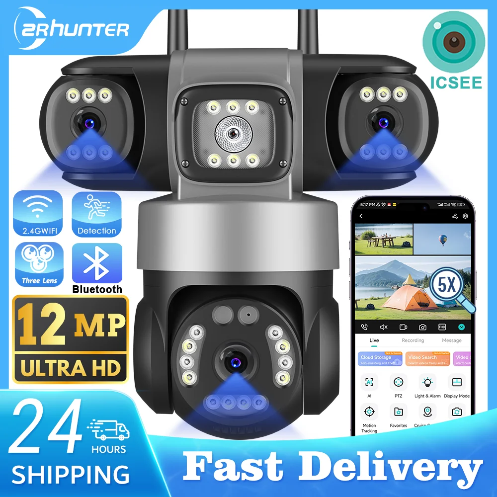 12MP Outdoors Wifi Camera 6K HD Triple Lens Triple Screens PTZ IP Security Camera Human Auto Tracking Waterproof CCTV Cam ICSEE