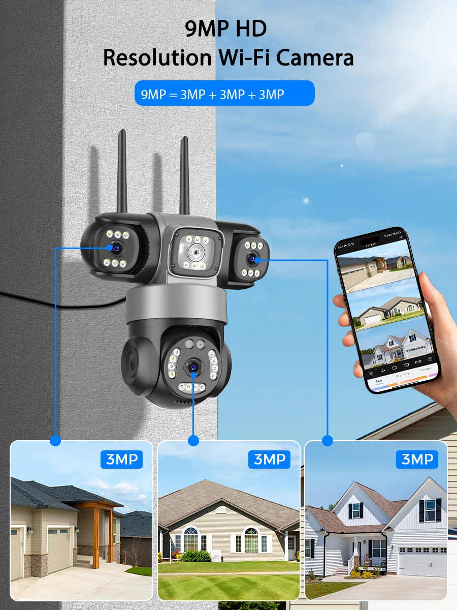 12MP Outdoors Wifi Camera 6K HD Triple Lens Triple Screens PTZ IP Security Camera Human Auto Tracking Waterproof CCTV Cam ICSEE