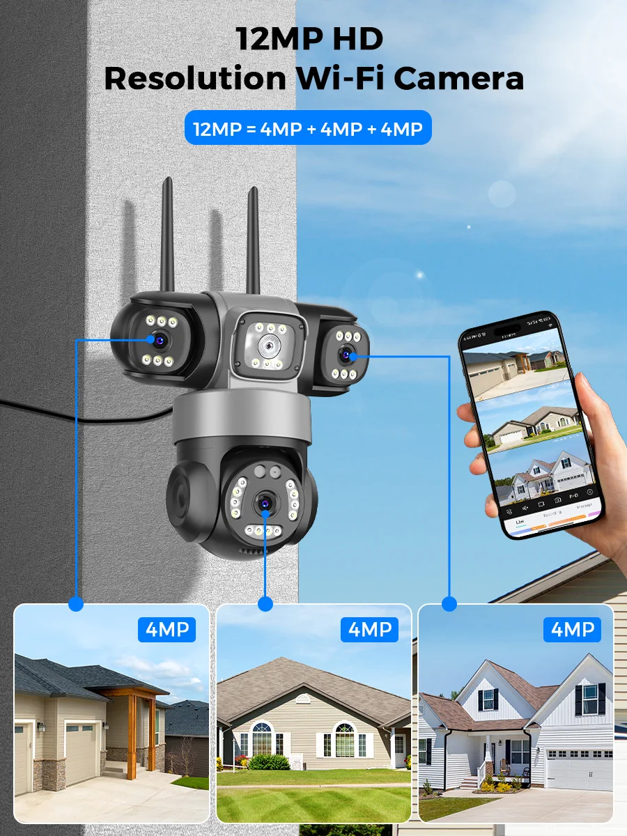 12MP Outdoors Wifi Camera 6K HD Triple Lens Triple Screens PTZ IP Security Camera Human Auto Tracking Waterproof CCTV Cam ICSEE