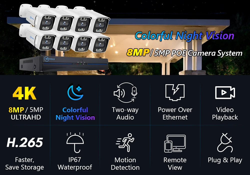 MOVOLS 8CH 5MP 8MP POE Security Camera System Two Way Audio 8MP NVR Kit CCTV Outdoor IP Camera H.265 P2P Video Surveillance Set