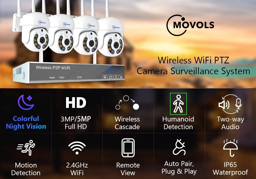 Movols H.265 3MP 5MP Wireless CCTV System Two Way Audio Waterproof PTZ WIFI IP Security Camera 10CH NVR Video Surveillance Kit
