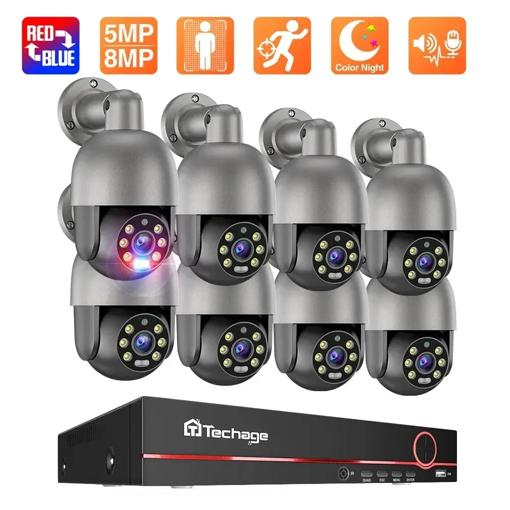 Techage H.265 8CH 5MP 8MP POE Smart Security PTZ Camera System Ultra HD Outdoor CCTV System Full Color Night Surveillance Kit