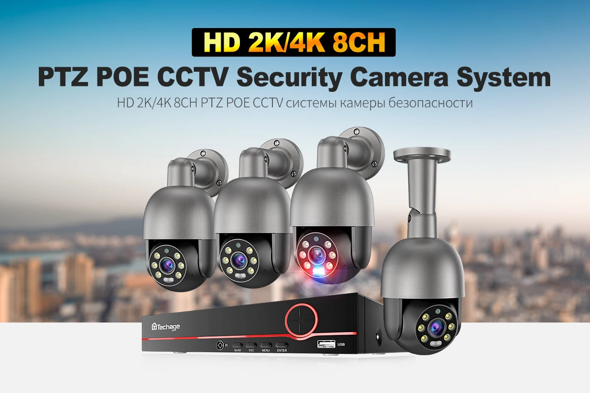 Techage H.265 8CH 5MP 8MP POE Smart Security PTZ Camera System Ultra HD Outdoor CCTV System Full Color Night Surveillance Kit