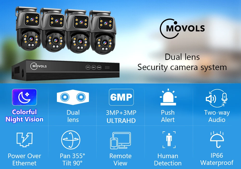Movols 6MP XMEYE POE Surveillance System Dual Lens PTZ Two Way Audio POE Security Camera System 16CH NVR Video Surveillance Kit
