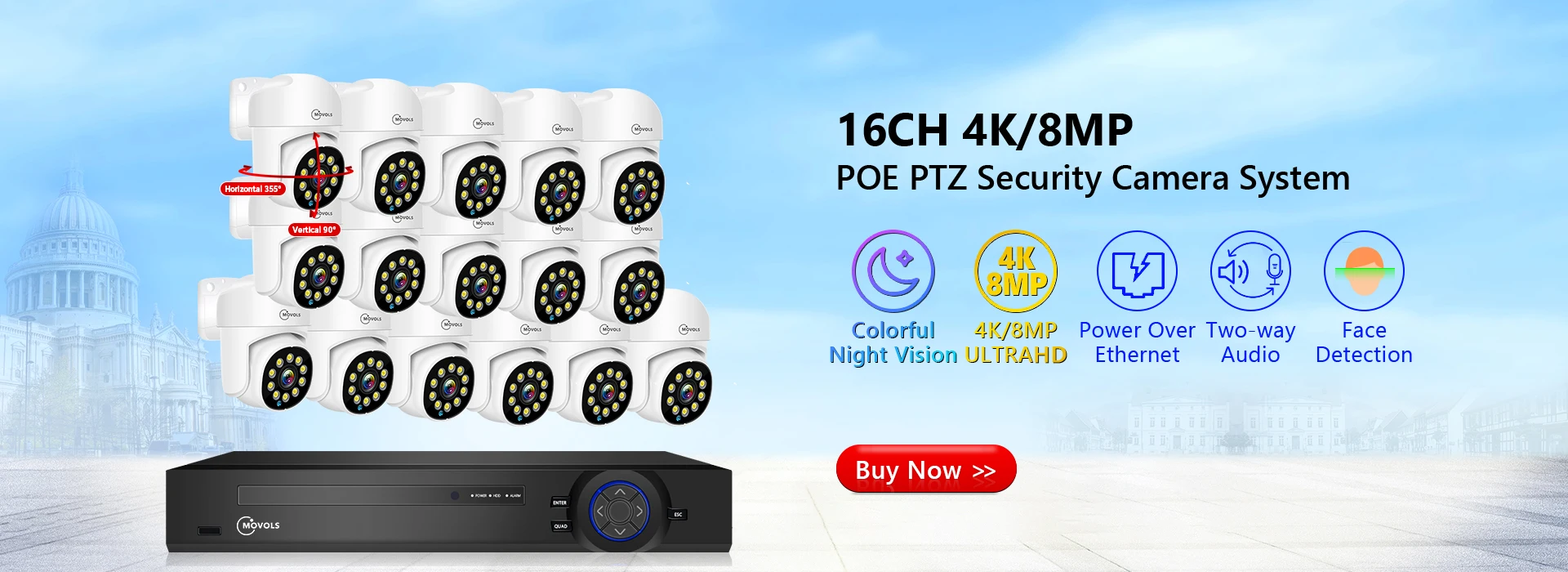 Movols 6MP XMEYE POE Surveillance System Dual Lens PTZ Two Way Audio POE Security Camera System 16CH NVR Video Surveillance Kit