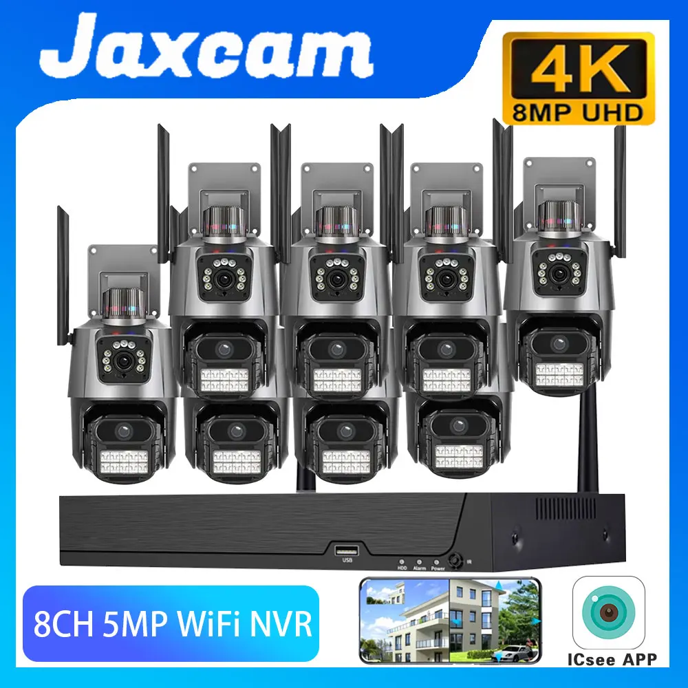 Icsee 8MP Outdoor PTZ Rotate Camera Wireless Security System Smart Wifi NVR Kit 4K Camera NVR Kit 8CH 5MP WiFi NVR