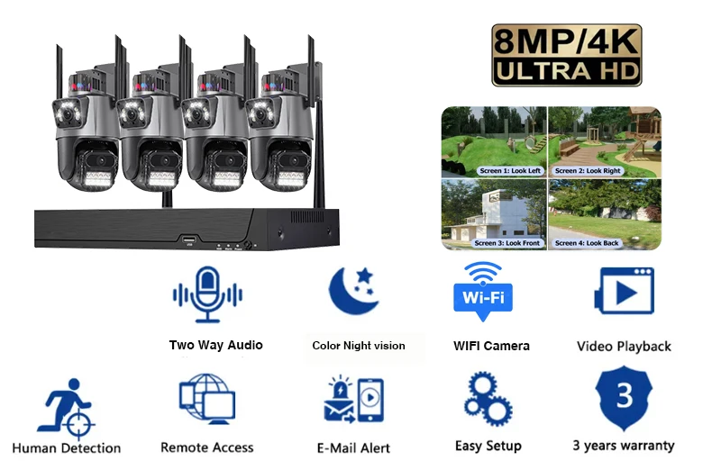 Icsee 8MP Outdoor PTZ Rotate Camera Wireless Security System Smart Wifi NVR Kit 4K Camera NVR Kit 8CH 5MP WiFi NVR