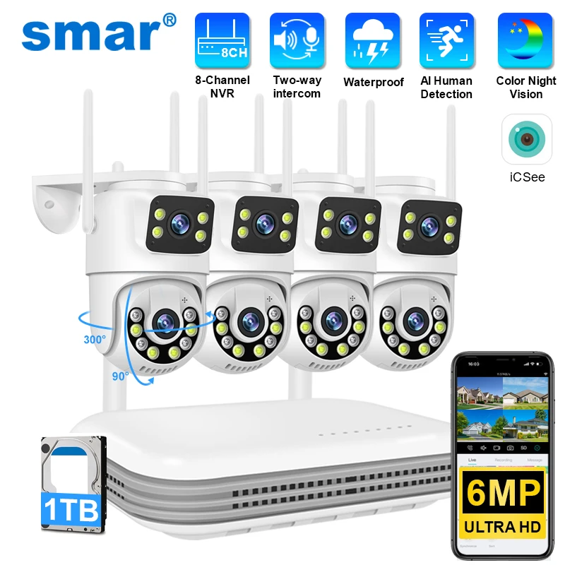 Smar Wireless CCTV System WiFi Camera Kit 6MP IP Cameras With Dual Lens Security Audio 8CH NVR Video Surveillance Set ICse