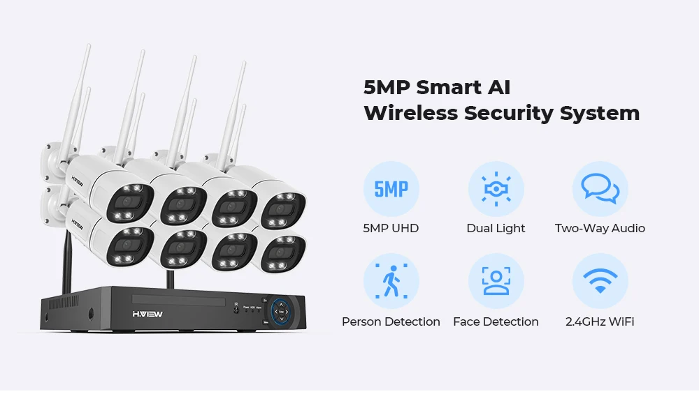H.view 8CH 5mp Wireless Wifi Camera Security System CCTV Camera Video Surveillance Kit NVR Indoor Outdoor Two-Way Audio Xmeye