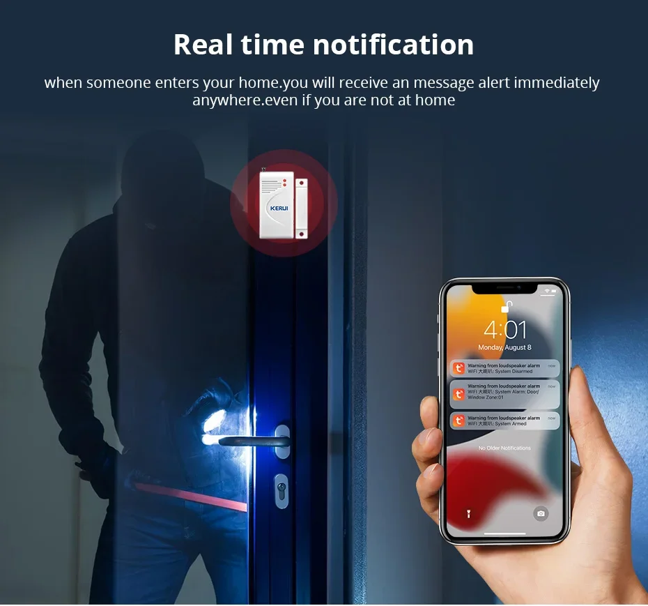 KERUI 120db Siren Alarm System WiFi Tuya Smart Speaker Alarm Kit with Motion Sensor Door Sensor for Home Security Protection