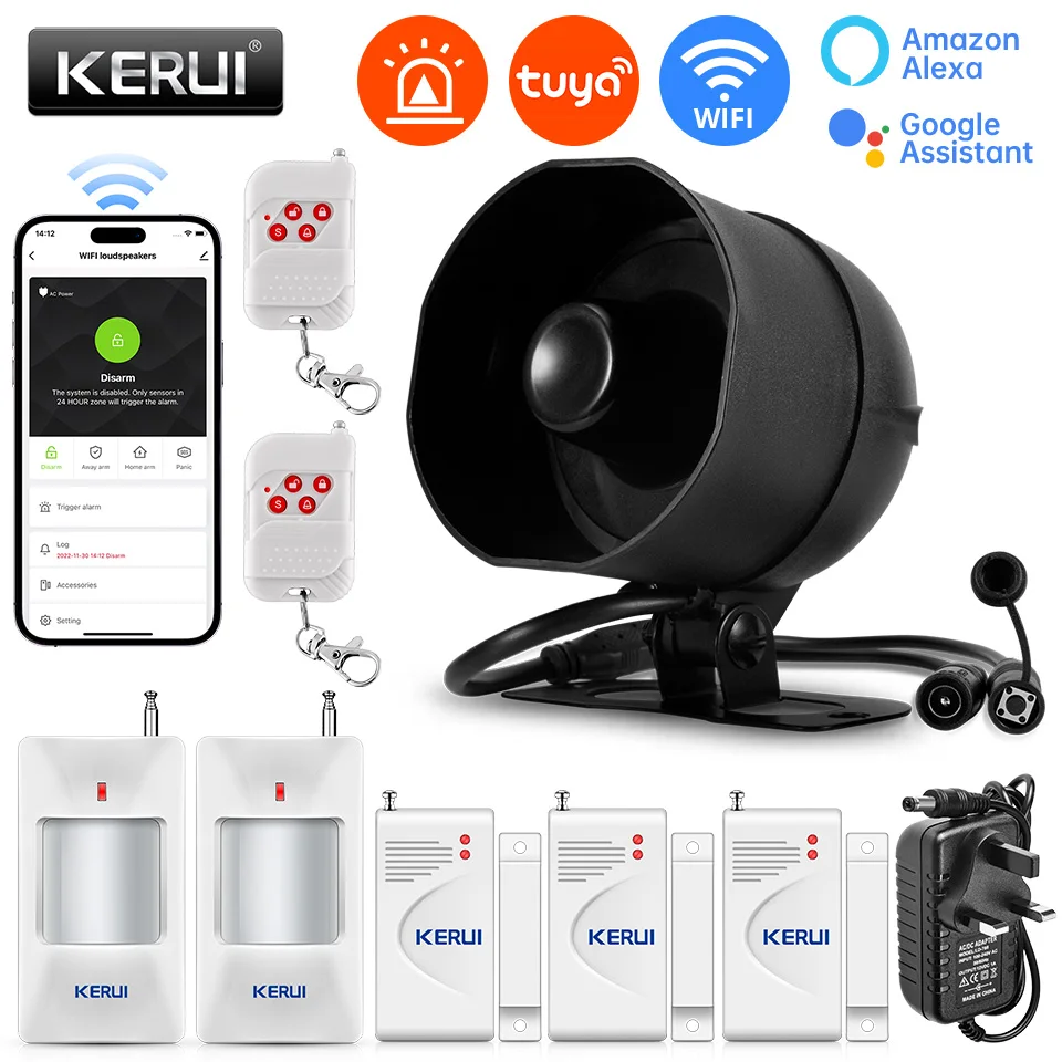 KERUI 120db Siren Alarm System WiFi Tuya Smart Speaker Alarm Kit with Motion Sensor Door Sensor for Home Security Protection