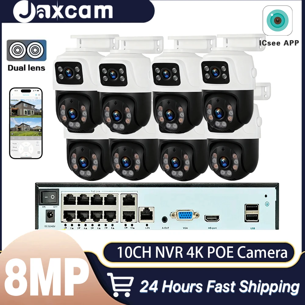 10CH 8MP 4K POE NVR Kit Dual Lens PTZ Two-Way Audio H.265 IP Security Camera System for Outdoor Video Surveillance XMeye