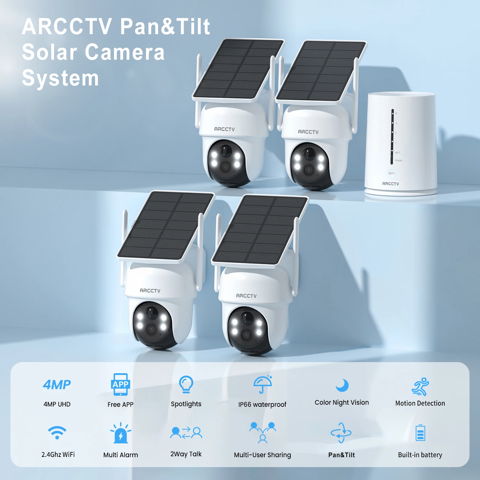 ARCCTV 4MP Wifi Solar Camera Kit Outdoor Wireless Security Surveillance Camera Set Siren Alarm Humanoid Detection Two Way Audio