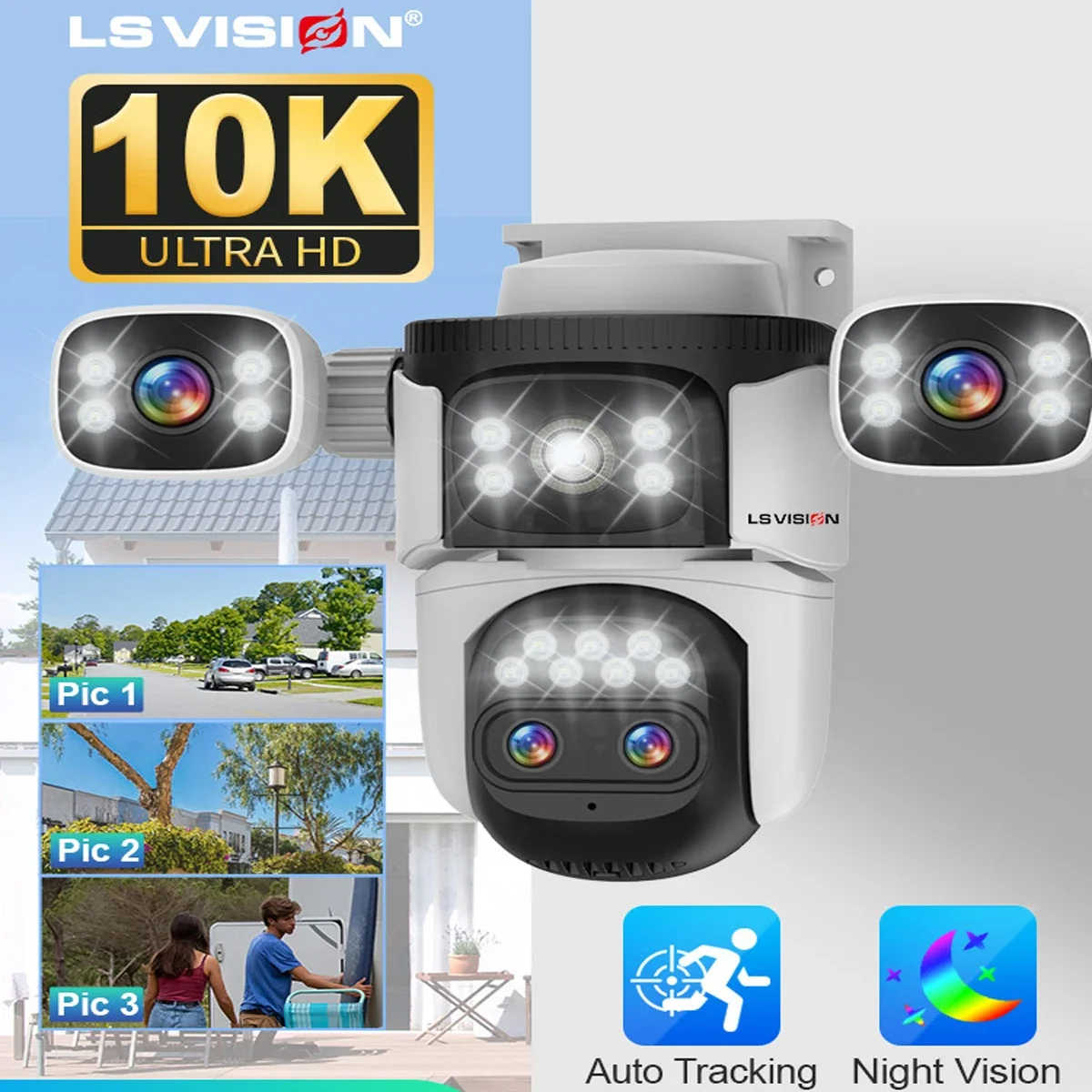 LS VISION Wireless WiFi Camera, 10K, 20MP, Outdoor, 10X Zoom, Four Lens, 720 ° PTZ, Automatic Tracking, Waterproof CCTV Cam