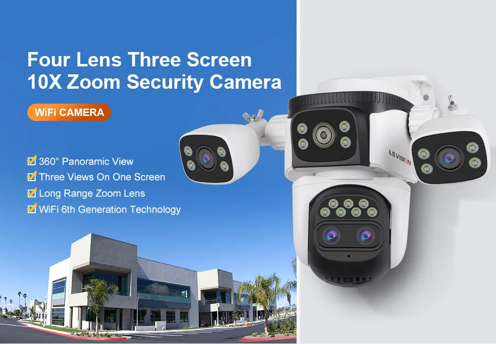 LS VISION Wireless WiFi Camera, 10K, 20MP, Outdoor, 10X Zoom, Four Lens, 720 ° PTZ, Automatic Tracking, Waterproof CCTV Cam