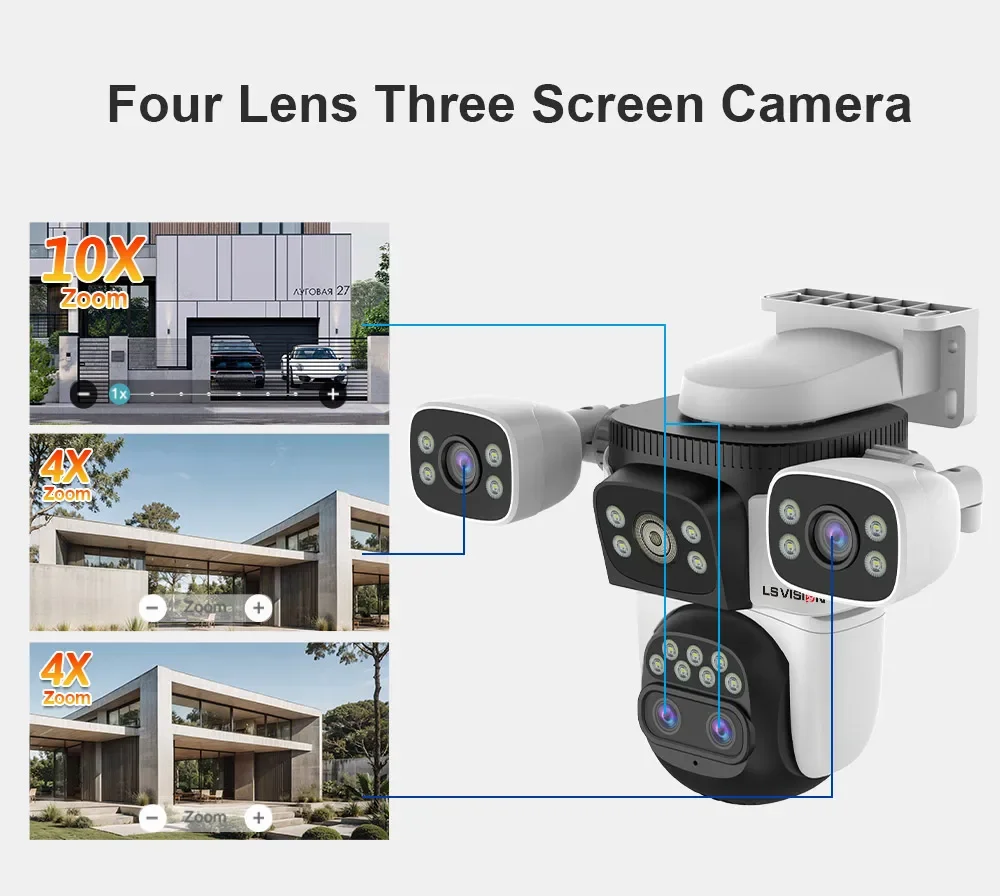 LS VISION Wireless WiFi Camera, 10K, 20MP, Outdoor, 10X Zoom, Four Lens, 720 ° PTZ, Automatic Tracking, Waterproof CCTV Cam