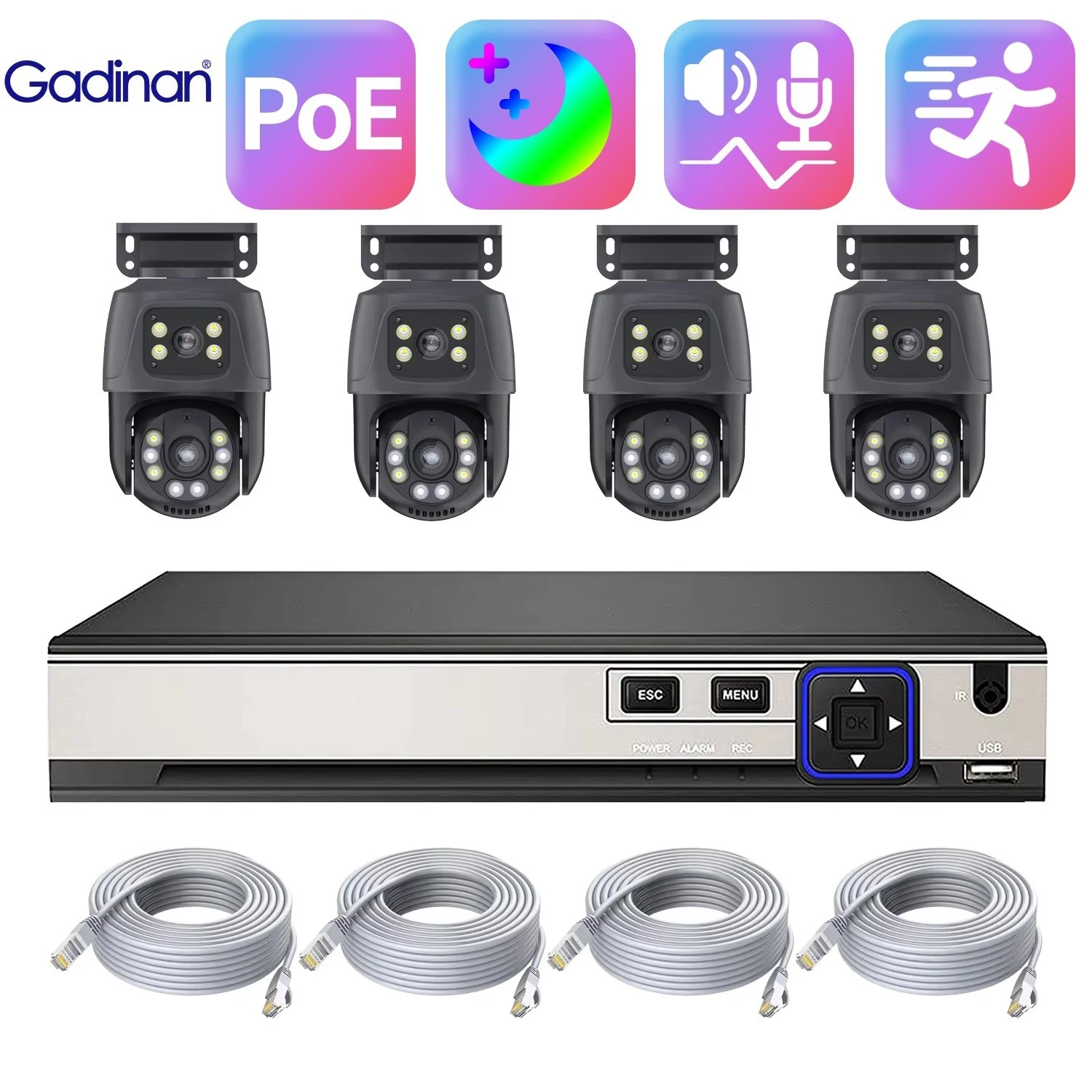 Gadinan Outdoor PTZ NVR Security Video Surveillance Kit 6MP POE Dual Lens Security Camera Set Two Way Audio Surveillance System