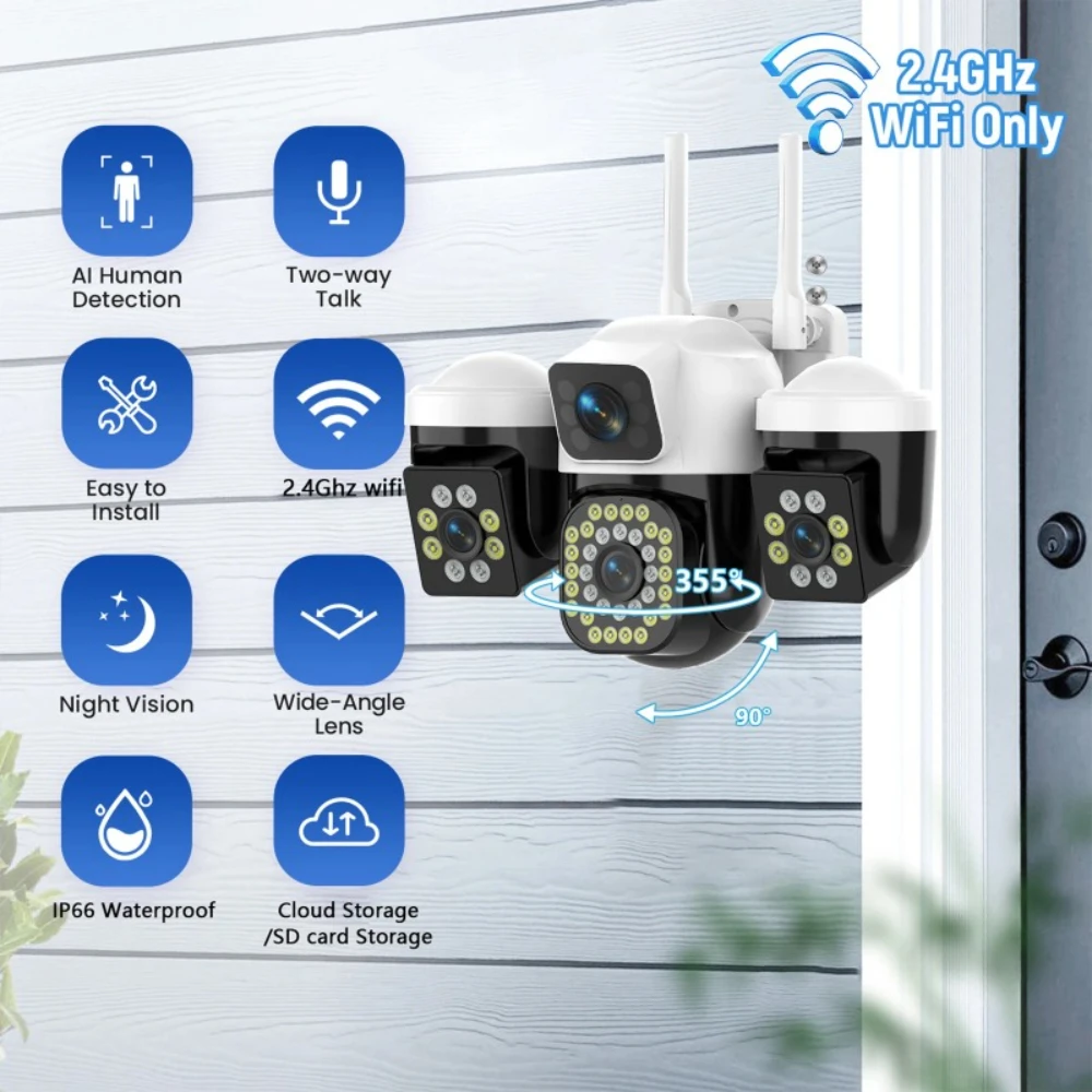 15MP 8K WiFi IP Camera 3 Lens 3 Screens Surveillance PTZ Camera IP Outdoor Waterproof  Auto Tracking  Security CCTV Cam YOOSEE