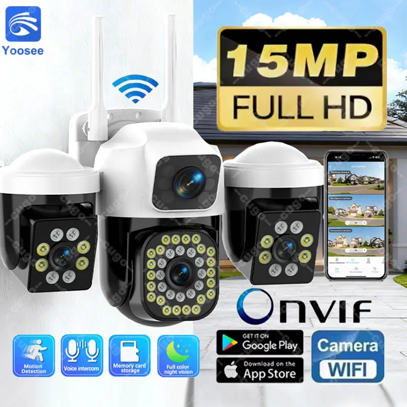 15MP 8K WiFi IP Camera 3 Lens 3 Screens Surveillance PTZ Camera IP Outdoor Waterproof  Auto Tracking  Security CCTV Cam YOOSEE