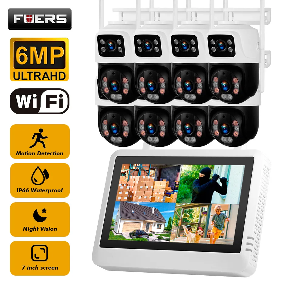 FUERS 7 inch NVRScreen 8CH Wireless NVR Security Outdoor Camera WIFI System Kit H.265 Surveillance CCTV Audio Video Recorder