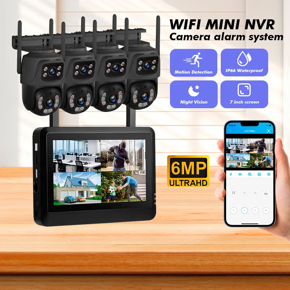KERUI Wireless 6MP Dual Lens WIFI IP Camera 8CH NVR 7-inch LCD Screen Video Recorder  Home Security Camera System Surveillance