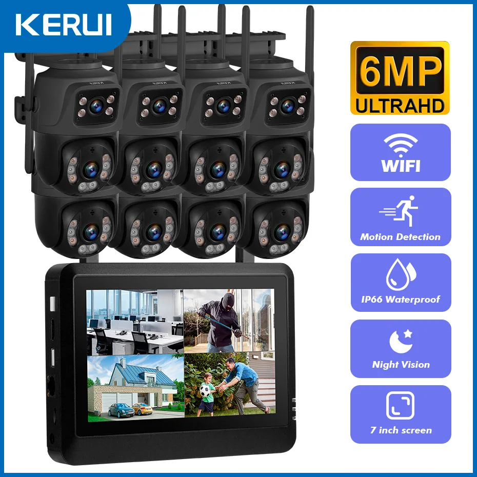 KERUI Wireless 6MP Dual Lens WIFI IP Camera 8CH NVR 7-inch LCD Screen Video Recorder  Home Security Camera System Surveillance