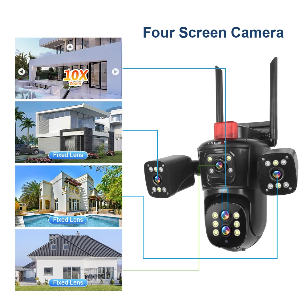 LS VISION 20MP Wifi Surveillance Camera 10X Zoom 4*Screens Outdoor Wireless Security Cameras 10k Human Detection Auto Tracking