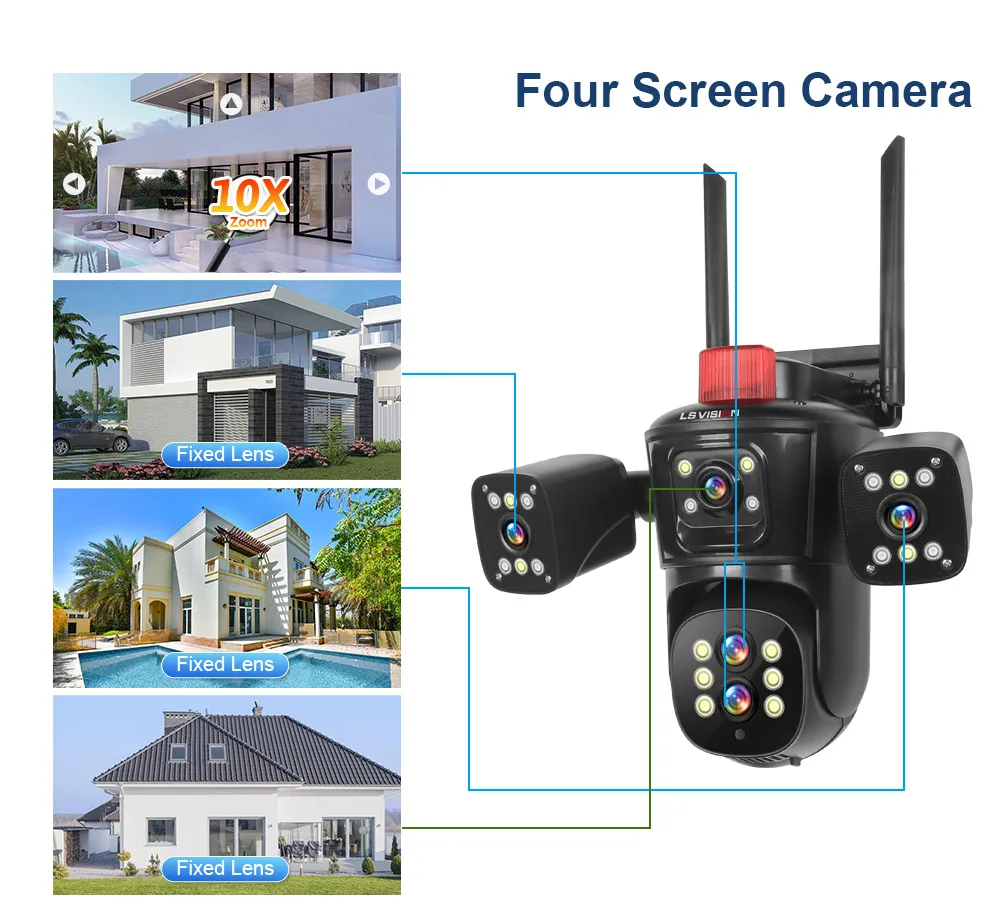 LS VISION 20MP Wifi Surveillance Camera 10X Zoom 4*Screens Outdoor Wireless Security Cameras 10k Human Detection Auto Tracking