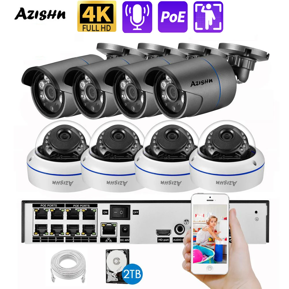 AZISHN 4K 8MP Video Surveillance Set 8CH POE NVR kit AI Human Detection IP Camera Indoor Outdoor Audio Recorder Security System