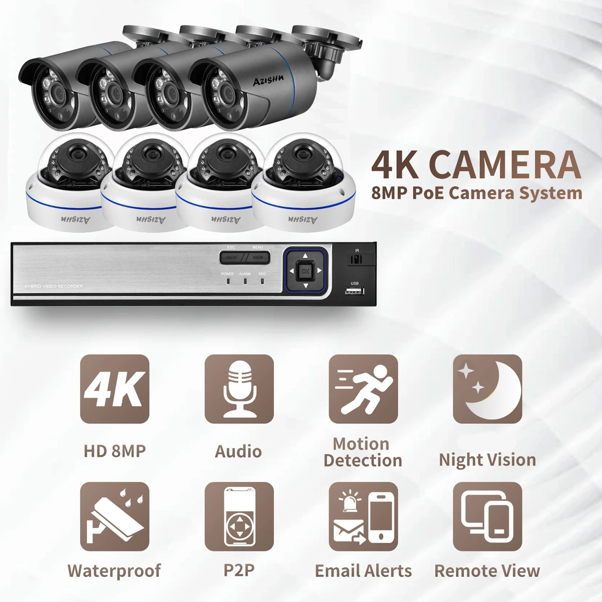 AZISHN 4K 8MP Video Surveillance Set 8CH POE NVR kit AI Human Detection IP Camera Indoor Outdoor Audio Recorder Security System
