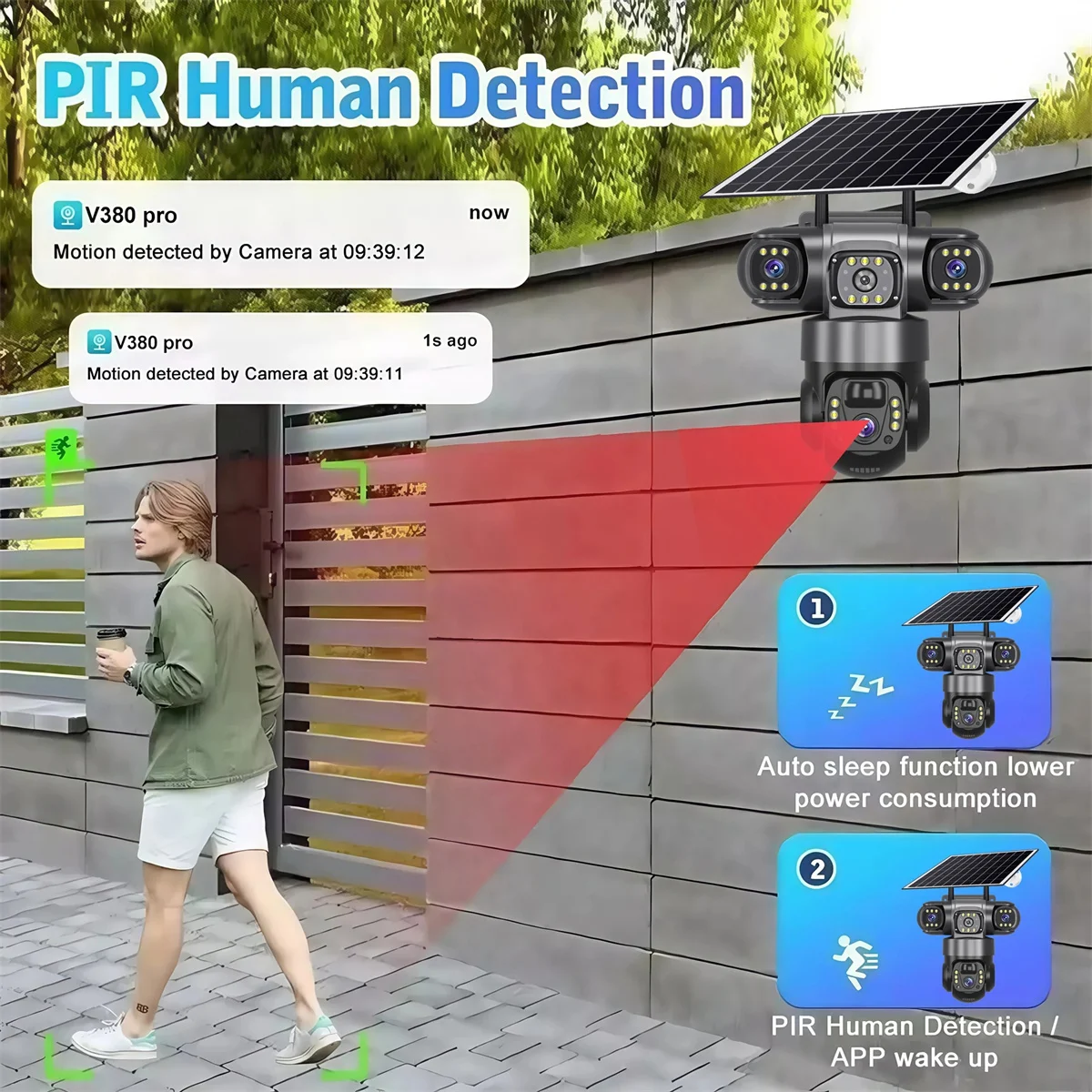 15MP 8K 3 Lens solar security cameras wifi outdoor Waterproof PIR Night Vision Two-Way Audio Mobile Tracking Security IP Cameras