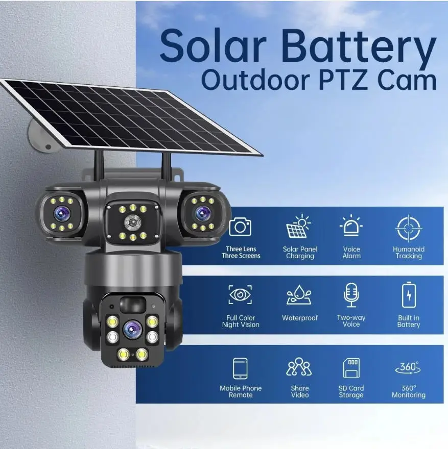 15MP 8K 3 Lens solar security cameras wifi outdoor Waterproof PIR Night Vision Two-Way Audio Mobile Tracking Security IP Cameras