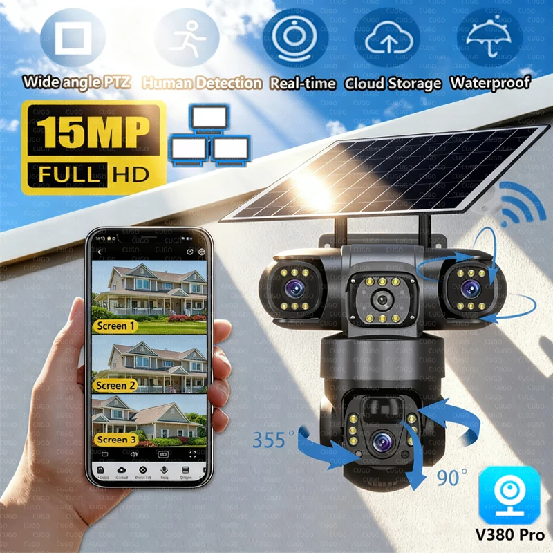 15MP 8K 3 Lens solar security cameras wifi outdoor Waterproof PIR Night Vision Two-Way Audio Mobile Tracking Security IP Cameras