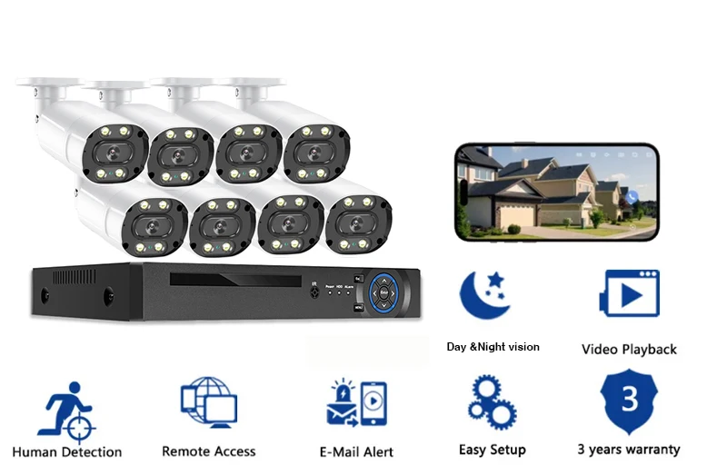 Color Night Vision 4K AHD DVR Kit 8CH 8MP Audio Recording Security Camera System XMEYE CCTV IP Bullet Camera Video Surveillance