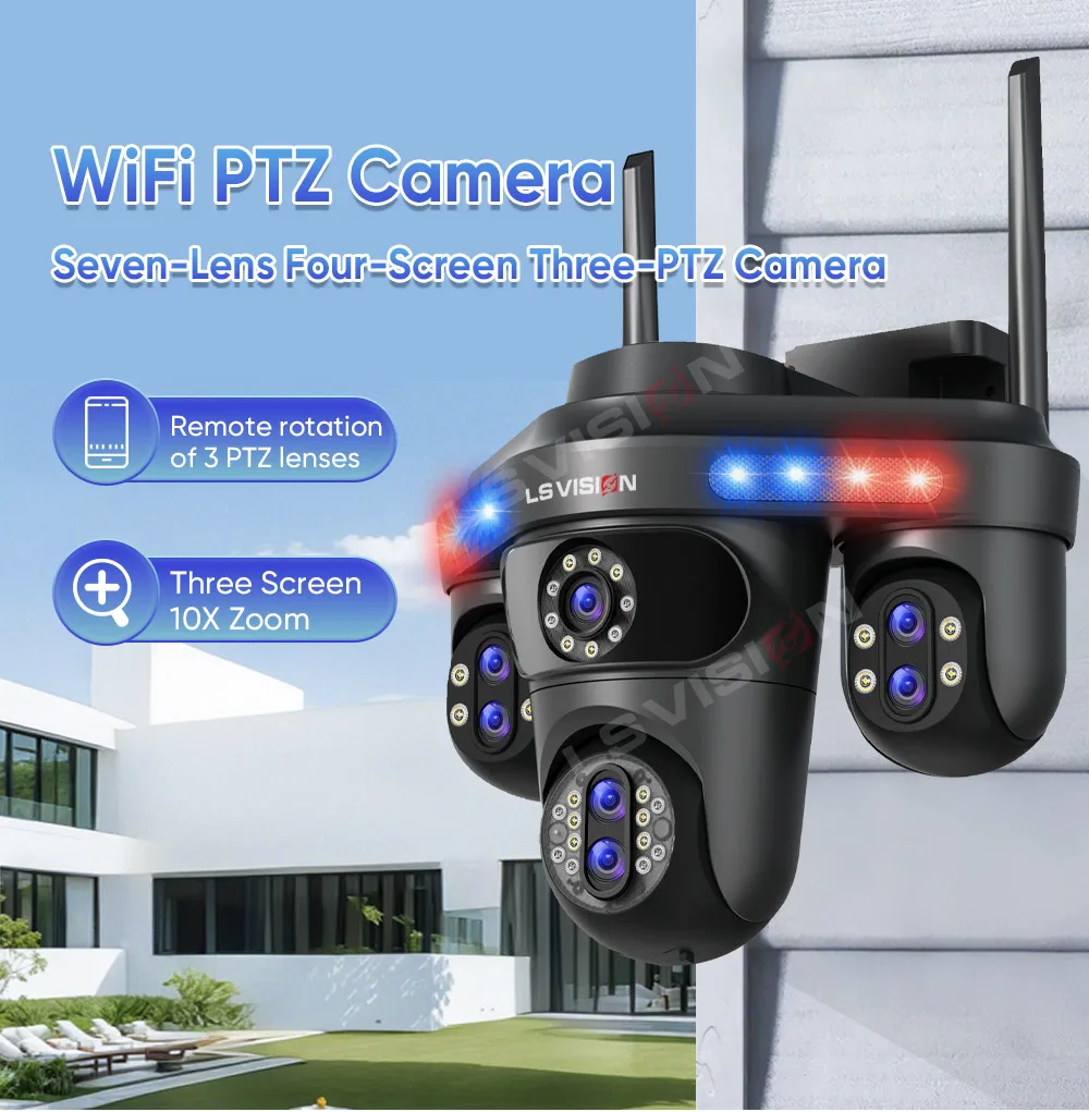 LS VISION 3/4 Screens WiFi IP Camera 10X Zoom Wireless Outdoor PTZ Cam 2 Way Audio Ai Auto Tracking Surveillance Cameras IP66
