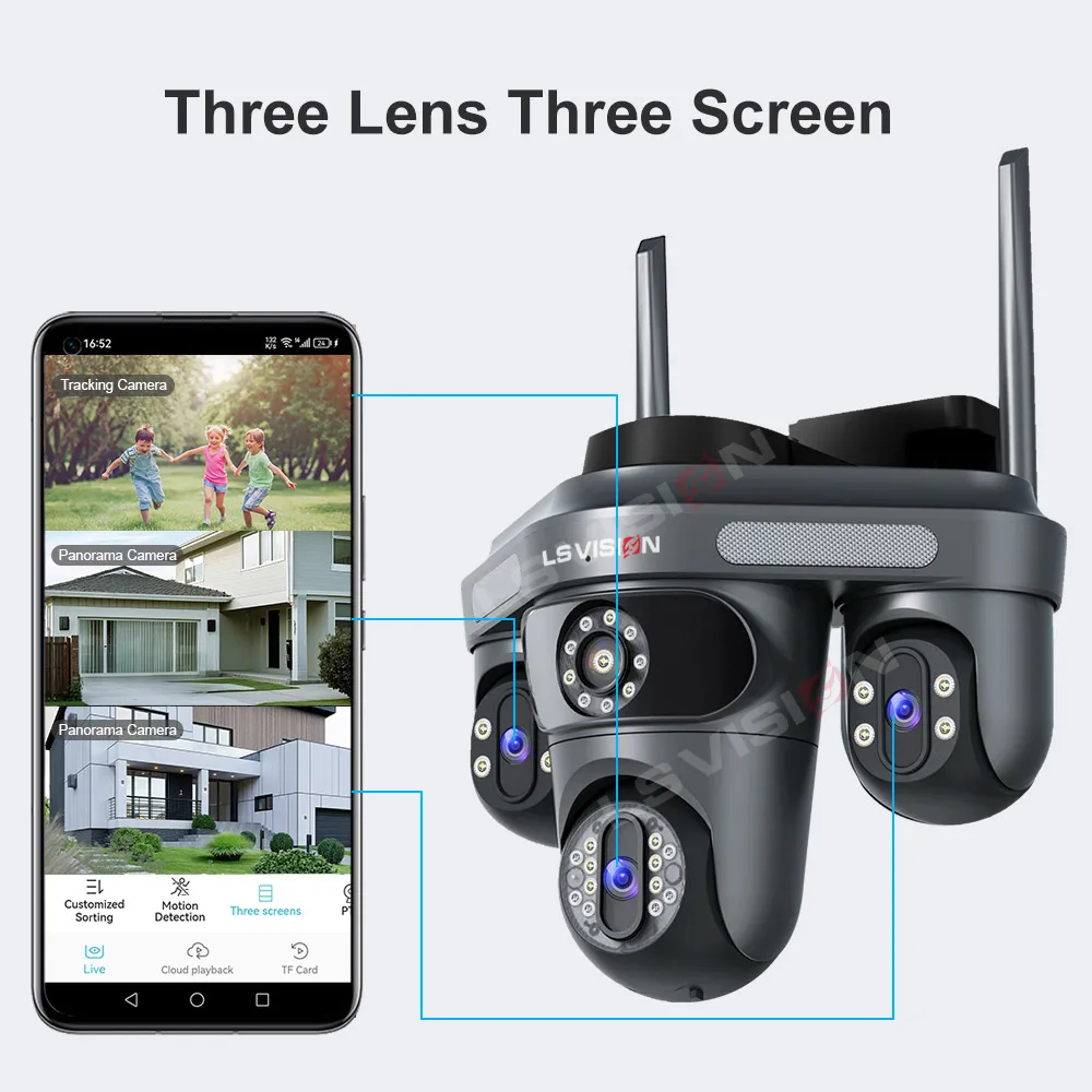 LS VISION 3/4 Screens WiFi IP Camera 10X Zoom Wireless Outdoor PTZ Cam 2 Way Audio Ai Auto Tracking Surveillance Cameras IP66