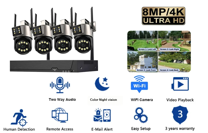 8MP 4K Wi-Fi Security Camera System 8CH NVR Kit Wireless Night Vision PTZ Two-Way Audio Indoor Outdoor CCTV Camera System ICSEE